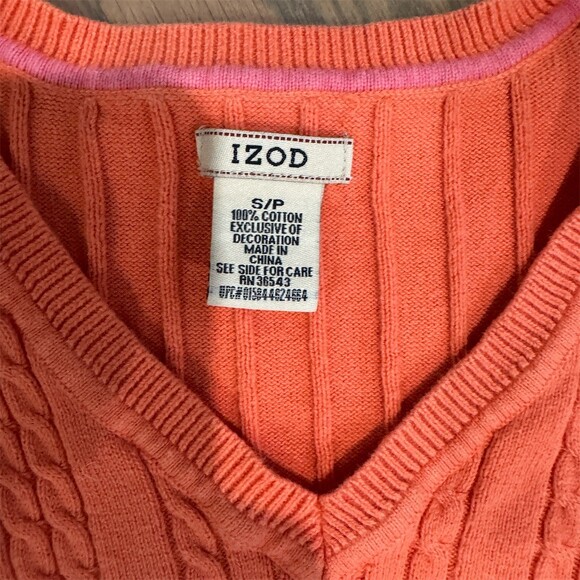 IZOD Sweater Womens Small Orange Cable Knit V-Neck Pullover Preppy - Picture 2 of 5